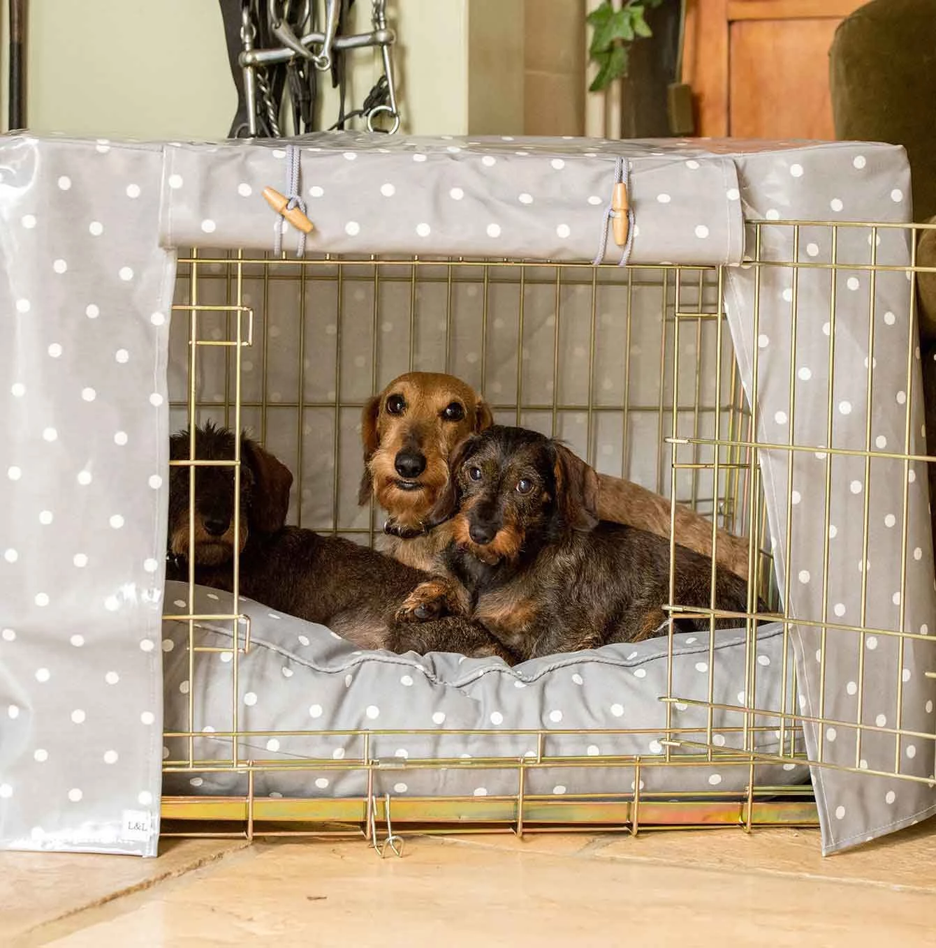 Hot Sale 🔥 Dog Crate Set in Grey Spot Oil Cloth by Lords & Labradors 🔥 1 Hot Sale 🔥 Dog Crate Set in Grey Spot Oil Cloth by Lords & Labradors 🔥