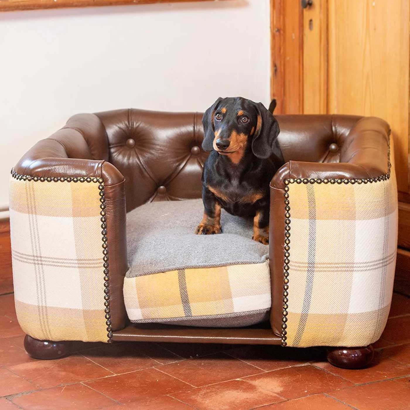 Cheapest 👍 Lords & Labradors Tetford 🐶 Dog Chesterfield in Tan Leather & Ochre Ash Tweed ✔️ 1 Cheapest 👍 Lords & Labradors Tetford 🐶 Dog Chesterfield in Tan Leather & Ochre Ash Tweed ✔️
